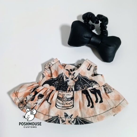 Halloween Bat Print Dress with Faux Leather Bow Labubu Outfit - Picture 4 of 6